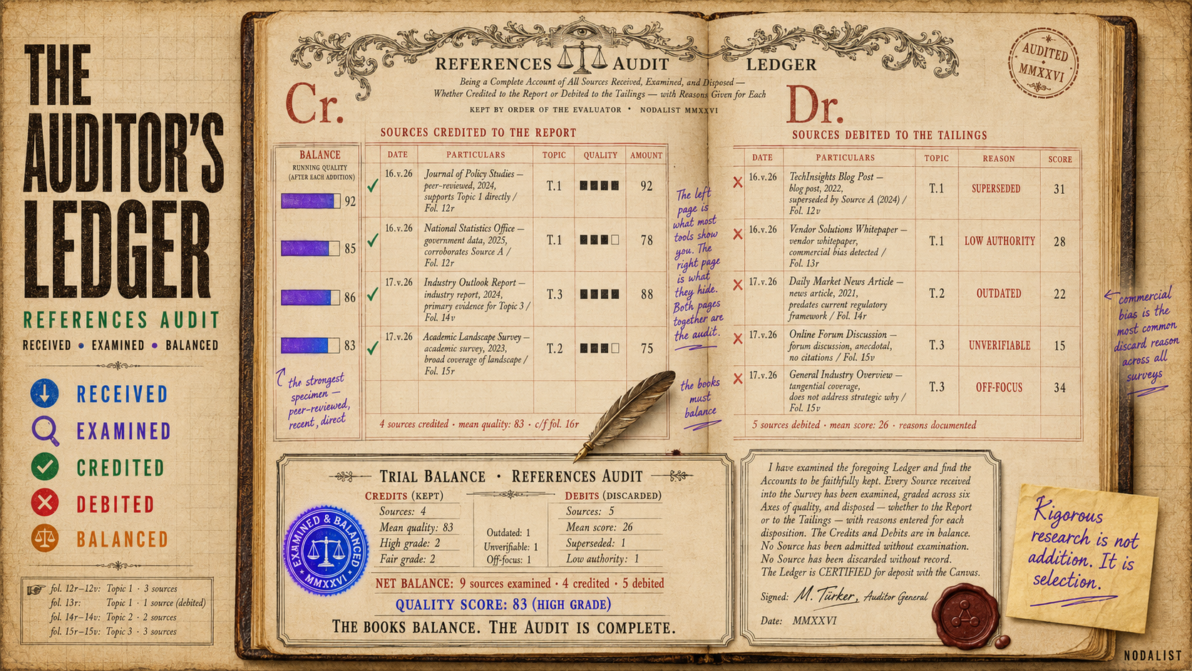 The Auditor's Ledger — References Audit Ledger: a vintage double-entry bookkeeping ledger open to two facing pages — left page (Cr.) shows sources credited to the report with quality scores, right page (Dr.) shows sources debited to the tailings with discard reasons (Superseded, Low Authority, Outdated, Unverifiable, Off-Focus), trial balance at bottom reconciling to Quality Score 83 (High Grade), and Examined & Balanced seal