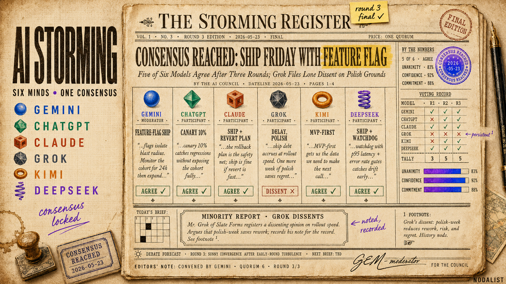 The Storming Register — a completed AI Storming session rendered as a vintage broadsheet newspaper: consensus reached after three rounds, five models agree on feature-flag ship strategy, Grok dissents on polish grounds, minority report documented, per-model attribution with agree/dissent badges, crossword and editorial notes