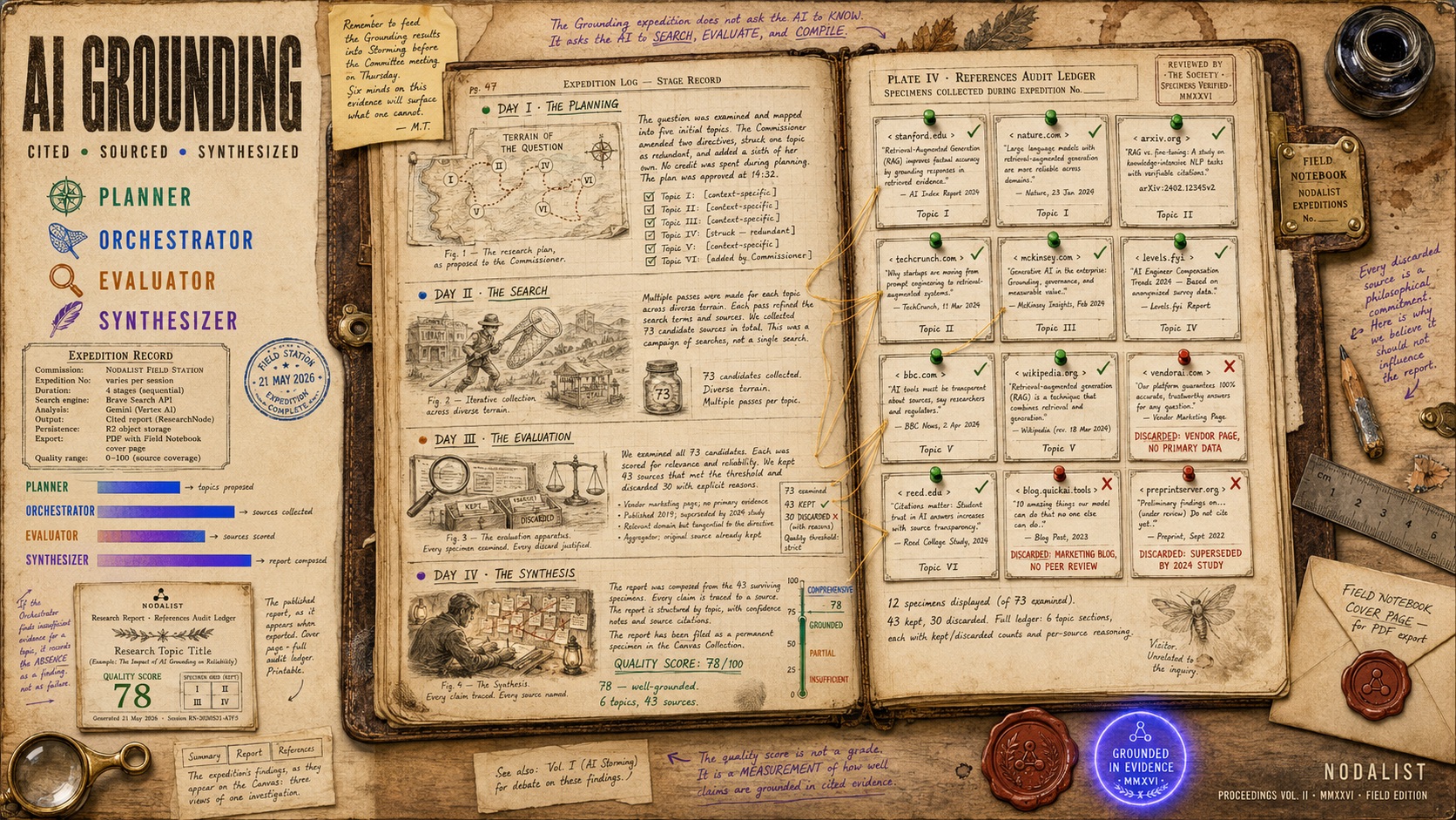 A naturalist's field notebook documenting the four-stage AI Grounding research pipeline — Planner, Orchestrator, Evaluator, Synthesizer — with specimen collection and quality score