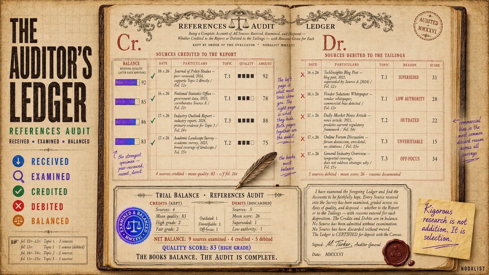 The Auditor's Ledger — References Audit rendered as a double-entry bookkeeping ledger with sources credited and debited